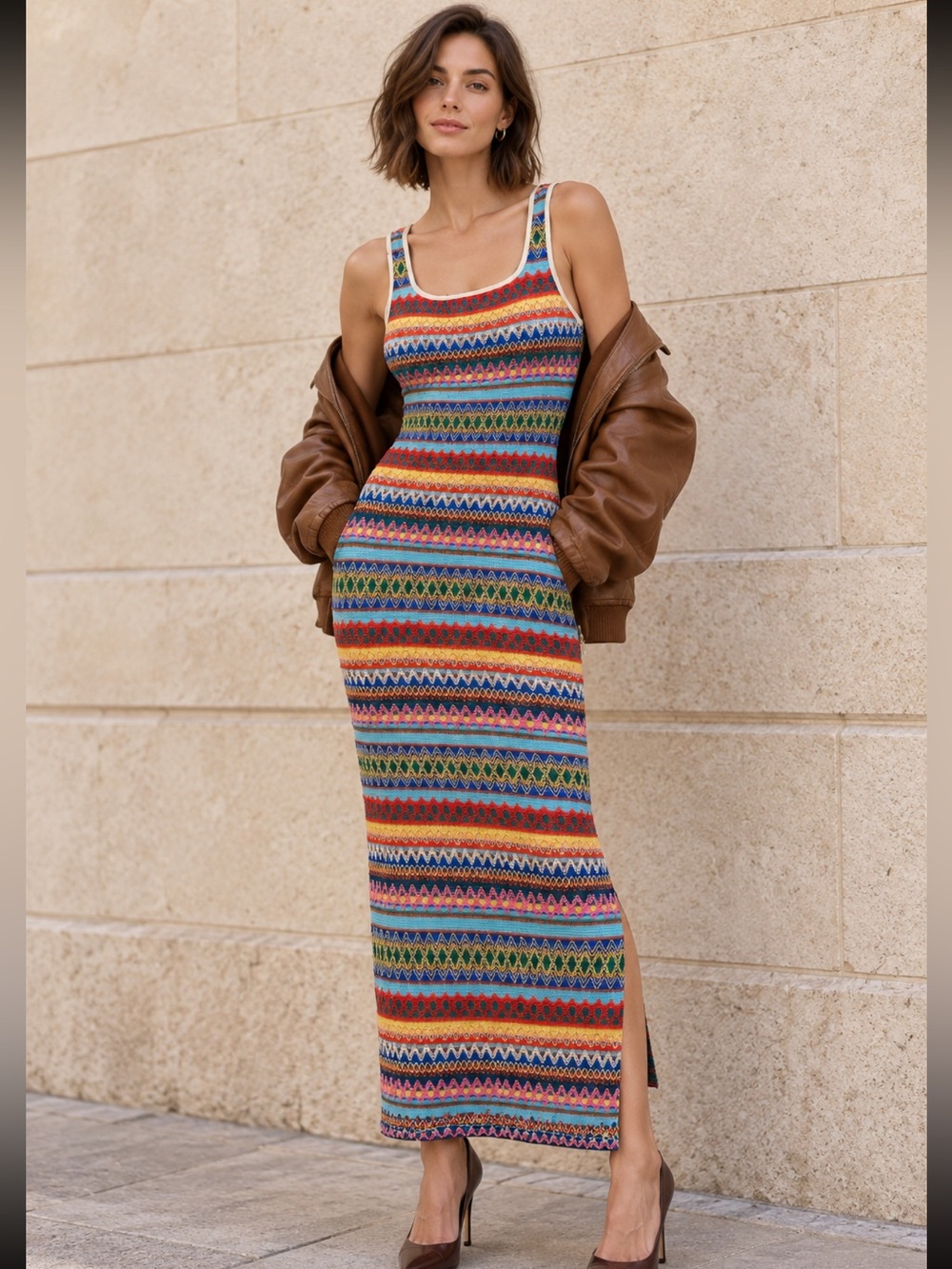 Embroidered Knit Maxi Dress Small Colorful Striped Bodycon Boho Side Slit